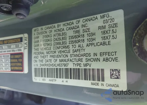 2020 Honda Cr-V Awd Ex из США, поврежденный, VIN 2HKRW2H5XLH637907